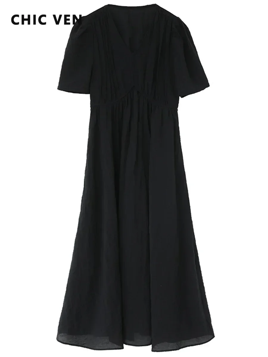 CHIC VEN Women Dresses French Style Vintage V-neck Puff Sleeve Long Dress Solid Black Loose Female Clothing Summer New 2023 5