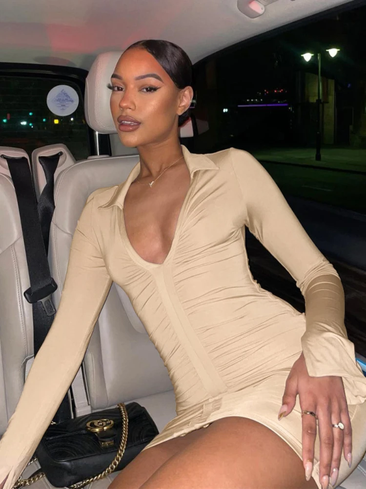 

Женское однотонное плиссированное платье-поло с глубоким V-образным вырезом и длинным рукавом, весна-лето 2023