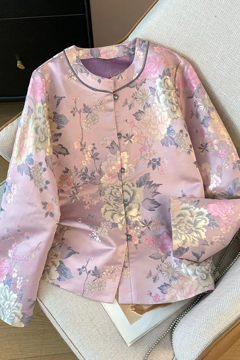 Spring New Chinese Style Hanfu Tang Costume Jacquard Woven Gold Embroidery Long Sleeve Cardigan Women's Jacket Crew Neck D3
