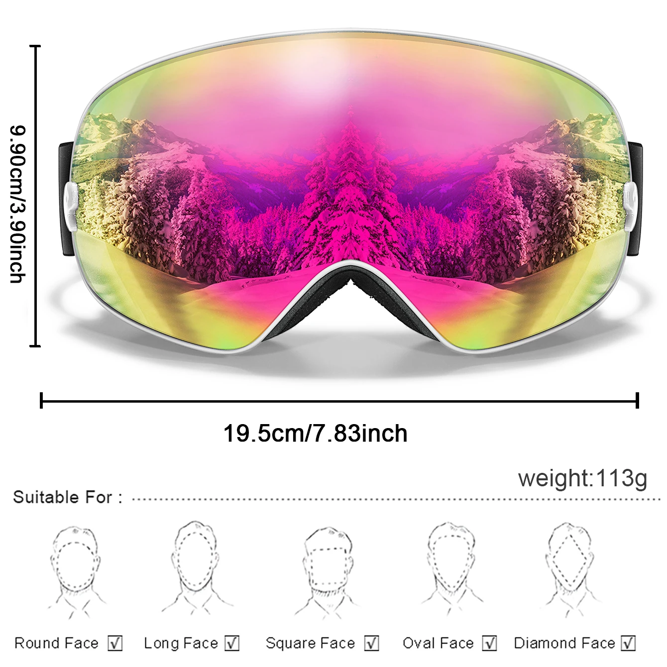 Ourdoor Sports Teen Men Women Ski Goggles Anti-fog UV400 Eyewear Christmas and New Year Gift Free Black Lens and Optical Frame