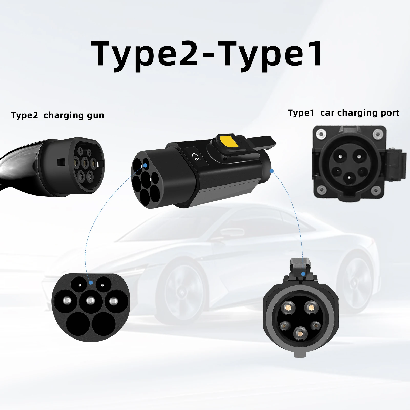 IEC62196 Type2 to Type1 EV Charger Adapter 32A 250V 7kW Fast Charging for SAE J1772 EVs