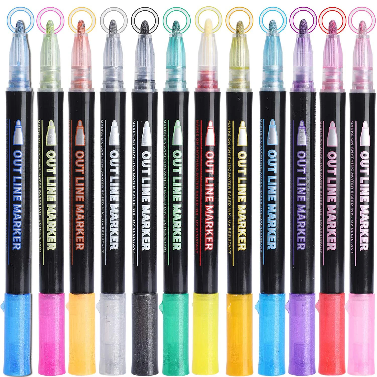 Shimmer Markers Outline Double Line: 24 Colors Glitter Metallic Pen Set  Super Squiggles Sparkle Cool Fun Fancy Self Sparkly Kids Age 4 8 10 12 Girl