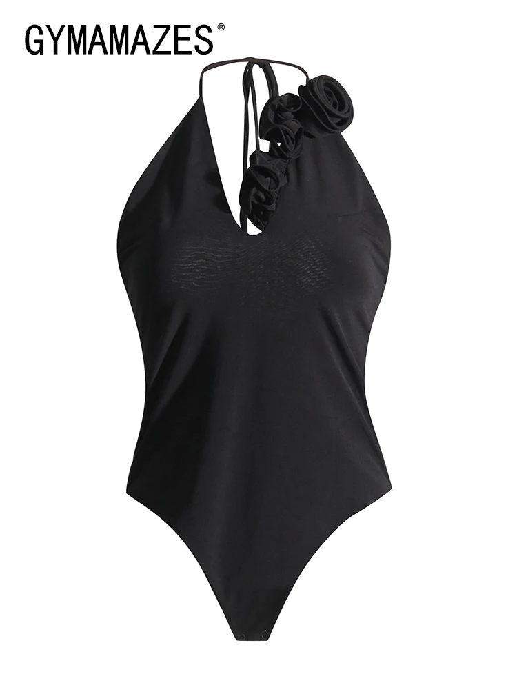 

GYMAMAZES Solid Elegant Bodysuits For Women Halter Sleeveless Slimming Patchwork Floral Sexy Bodysuit Female Fashion Clothing