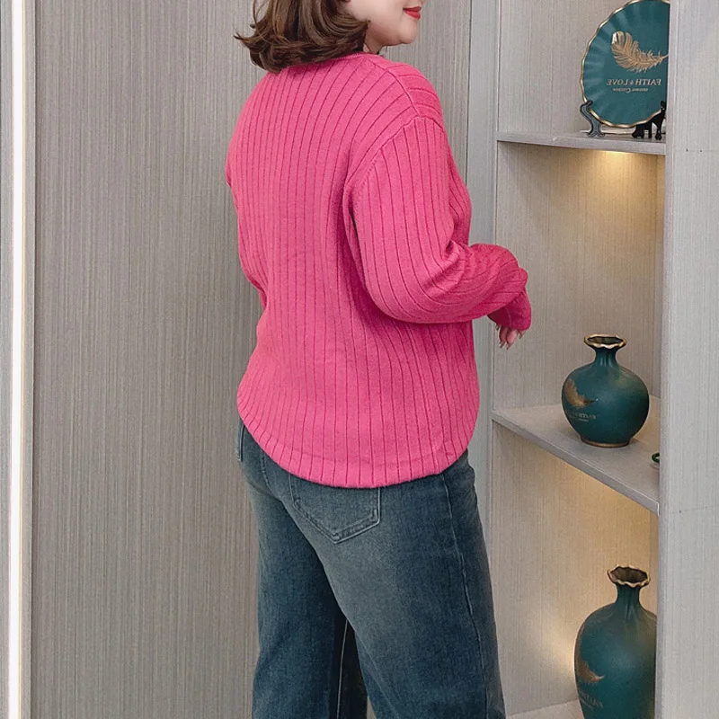 Women's V-neck Long Sleeve Knitted Sweater, Plus Size Pullovers, Button Label, Slimming, Autumn, New, 2024