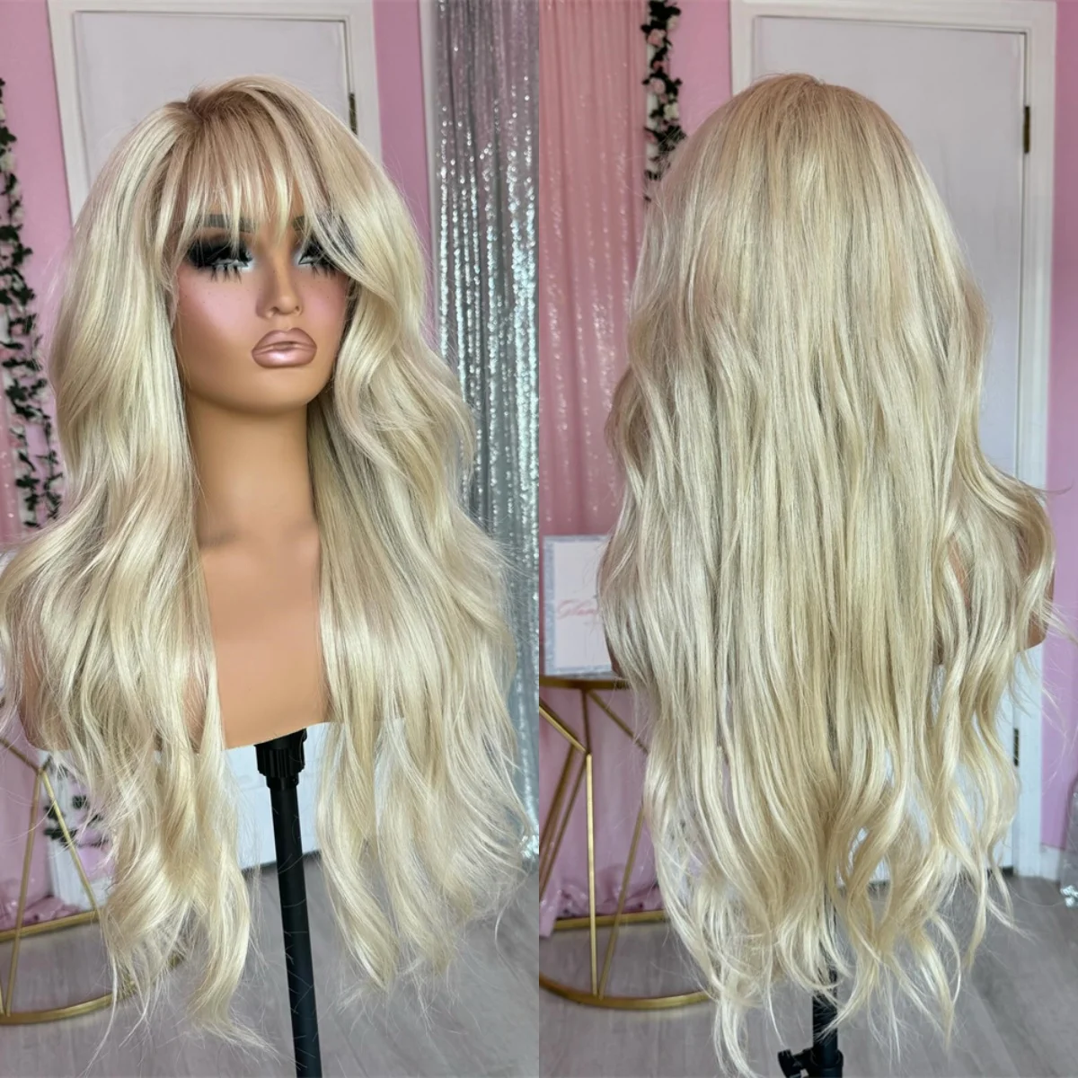Ombre Icy Blonde Loose Wave HD Transparent Lace Front Wig With Bangs Realistic Hairline High Density for Women Daily/Cosplay