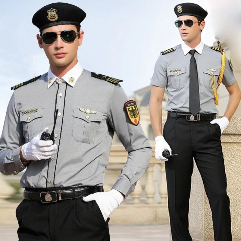 

White Collar International Airport Security Work Uniform Gray Long and Short Sleeve Hat Shirt Pants Suit Airline Concierge Set