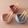3PCS Baby Silicone Dinner Set Food Grade Tableware Sets For Kid Wooden Handle Spoon Fork Feeding Training Baby Dishes Baby Stuff 1