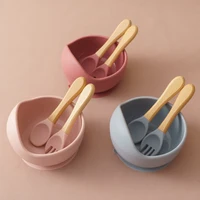 3PCS Baby Silicone Dinner Set Food Grade Tableware Sets For Kid Wooden Handle Spoon Fork Feeding Training Baby Dishes Baby Stuff 1