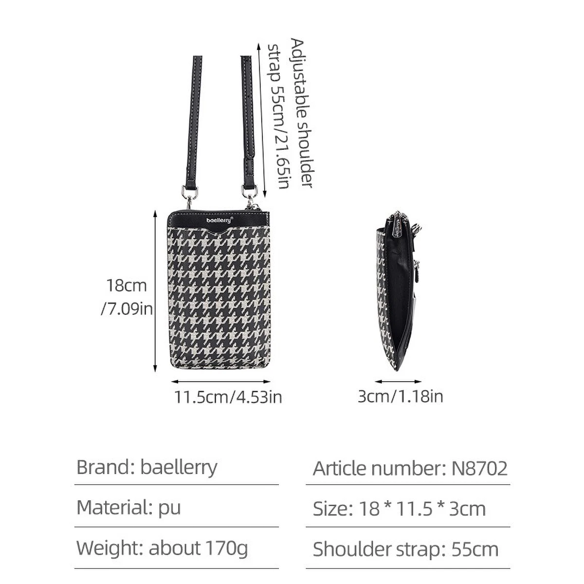 Houndstooth Phone Crossbody Bag, Women's Small Shoulder Bag with Black White Contrast Trim, Vintage Office Chic Purse