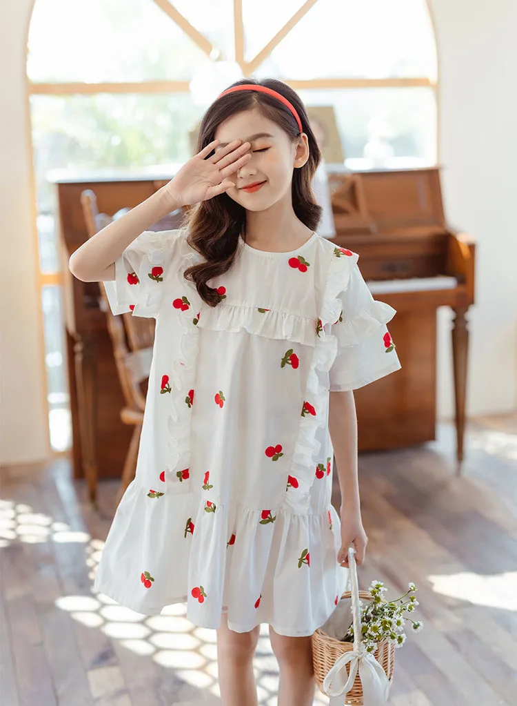 cutest baby dresses Embroidery Teen Girls Dress Cherry Patterns Half Sleeve Ruffles Cotton Summer Dress Children Clothes 6 8 10 12 14 Years baby boy dress