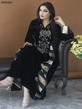 Moroccan Caftan Woman Retro Sequins Embroidery Contrast Color Party Dresses Islam Turkey Robe Saudi Black