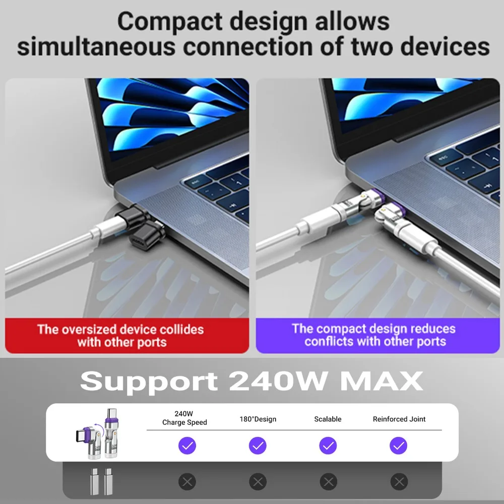 16Pin Magnetic USB C Male to USB C Female Adapter AUFU 180 Degree 240W Fast Charging Type Adapter for Iphone16 15 Macbook Pro usb to type c adapter type c adapter charger power adapter charging cable adapter magnetic cable adapter magnetic charging adapter