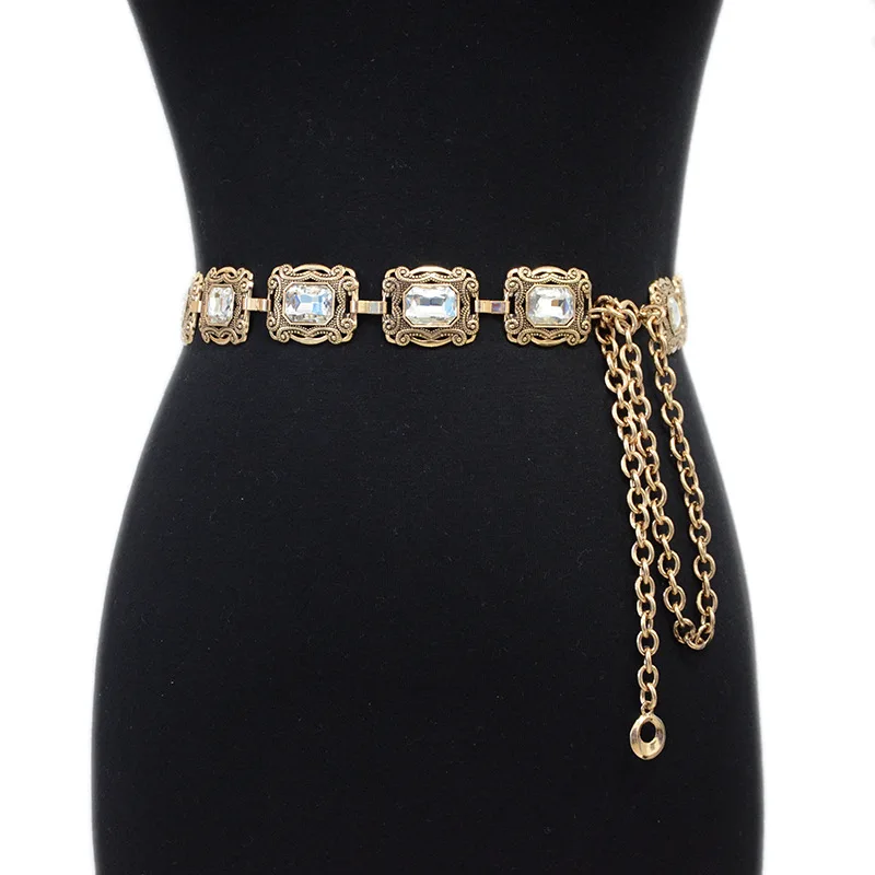 Women Waist Chain Hook Belt for Dress Skirt Flower Belt Fashion Body Waistbands Ladies Chain with Big Rhinestone Cloth Accessory new style full diamond ladies belt jeans with pin buckle belts wild fashion cowhide rhinestone korean skirt belt for women