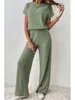 Simple Style Rib Knit Long Pants Suit Women Casual Short Sleeve T-shirt & Loose Trousers 2 Piece Sets Summer Autumn Women Set 2
