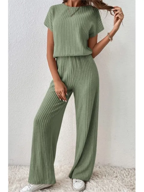 Simple Style Rib Knit Long Pants Suit Women Casual Short Sleeve T-shirt & Loose Trousers 2 Piece Sets Summer Autumn Women Set 2
