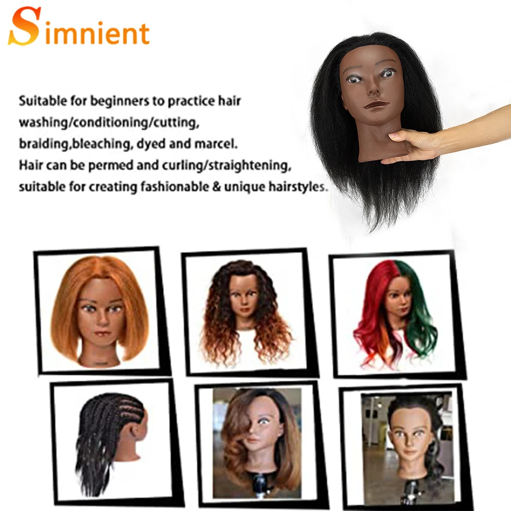 100% Real Hair Mannequin Head Training Head Manikin Cosmetology Doll Head  for Hairdresser Practice Braiding Hair Styling with Clamp stand (14 inch,  black)
