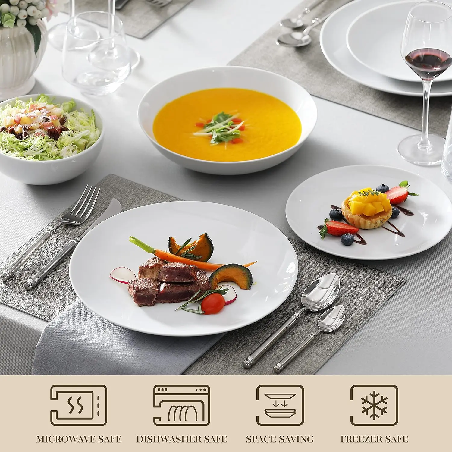 MALACASA 24-Piece Gourmet Porcelain Dinnerware Sets, Modern White Round Dish Set for 6-Premium Serving Plates and Bowls Sets f