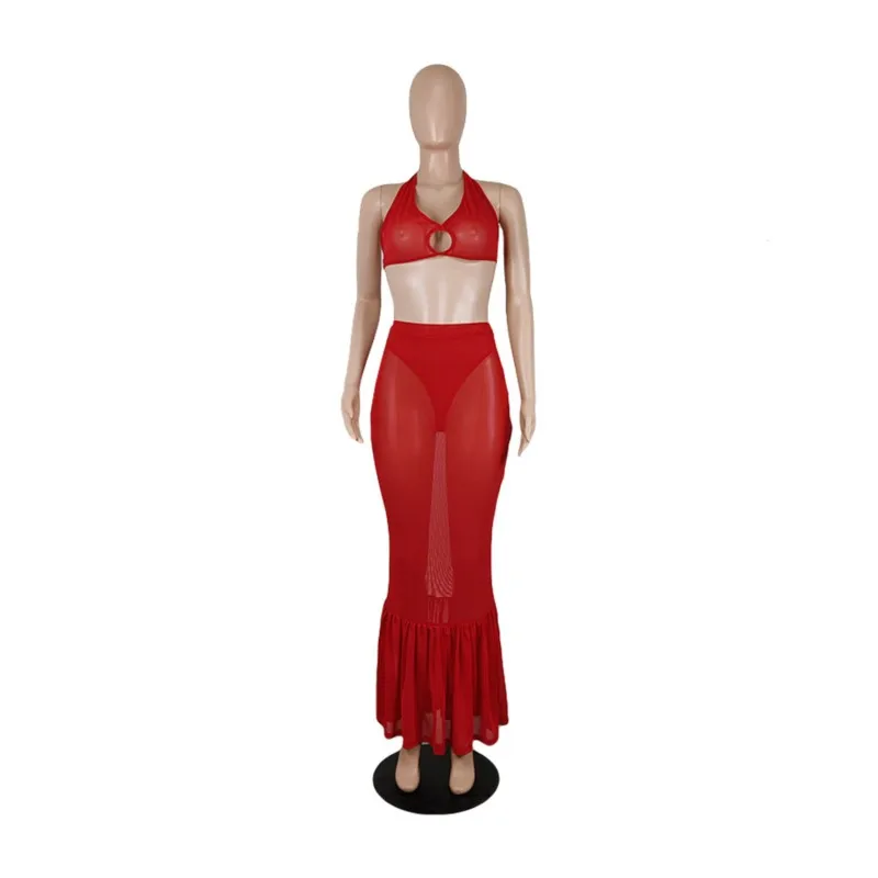 

2023 New Sexy Fashion Mesh Perspective Nightclub Suit Tube Top + Fishtail Skirt Two Piece Solid Color African Women's Clothing