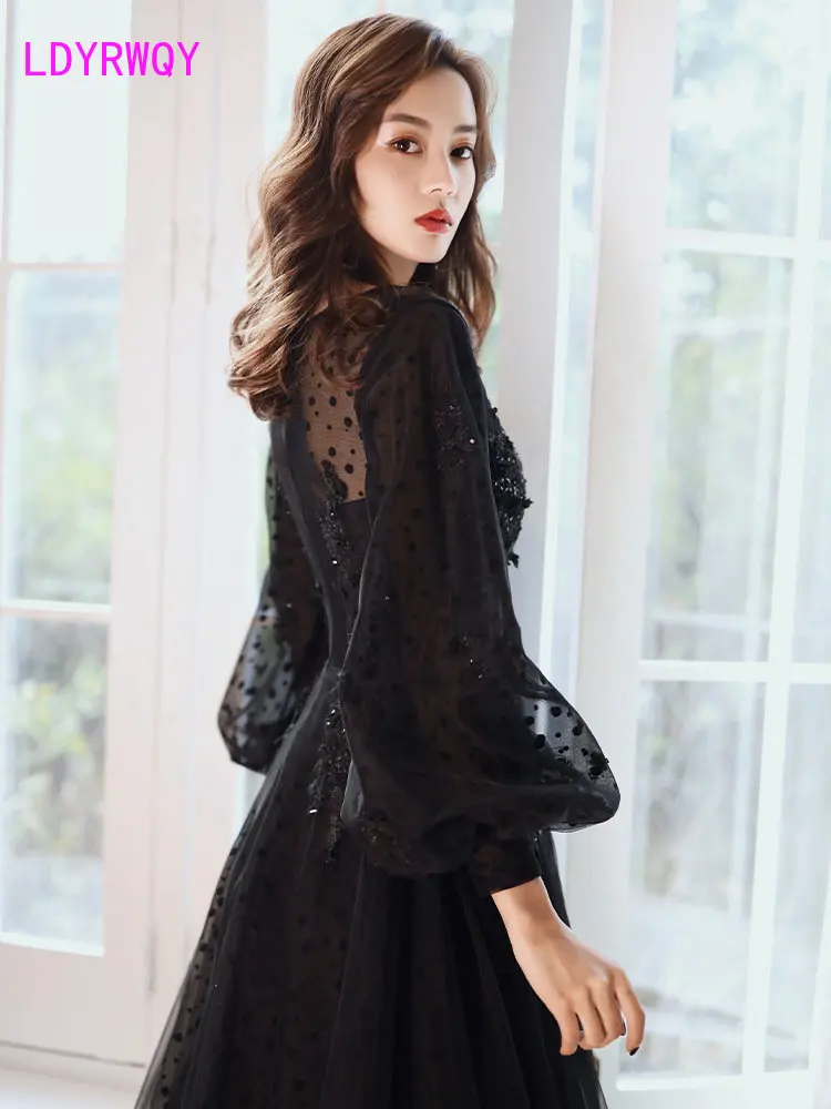 French black 2023 new long-sleeved long dress performance