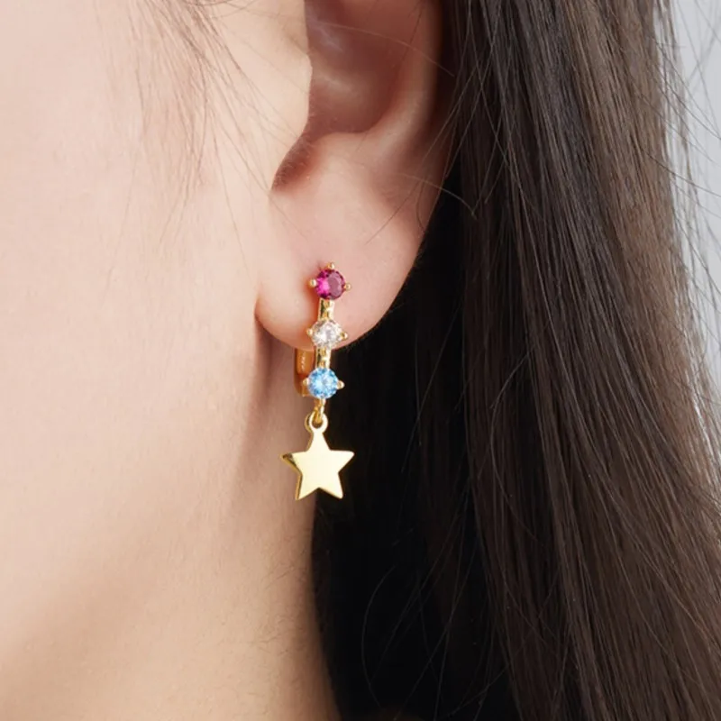 14K Gold Color CZ Asymmetry Star&Moon Hoop Earrings for Women Fashion Boho Huggies Jewelry Gift Pulseras Mujer
