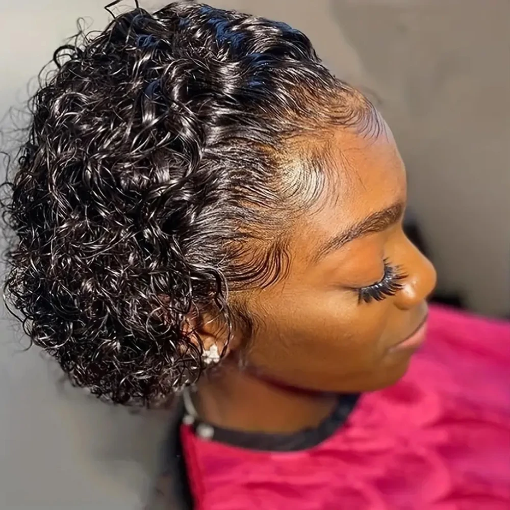 Pixie Cut Wig Curly Wave Wig 13x1 Transparent Lace Front Human Hair Wigs Short for Women 150% Density 6Inch