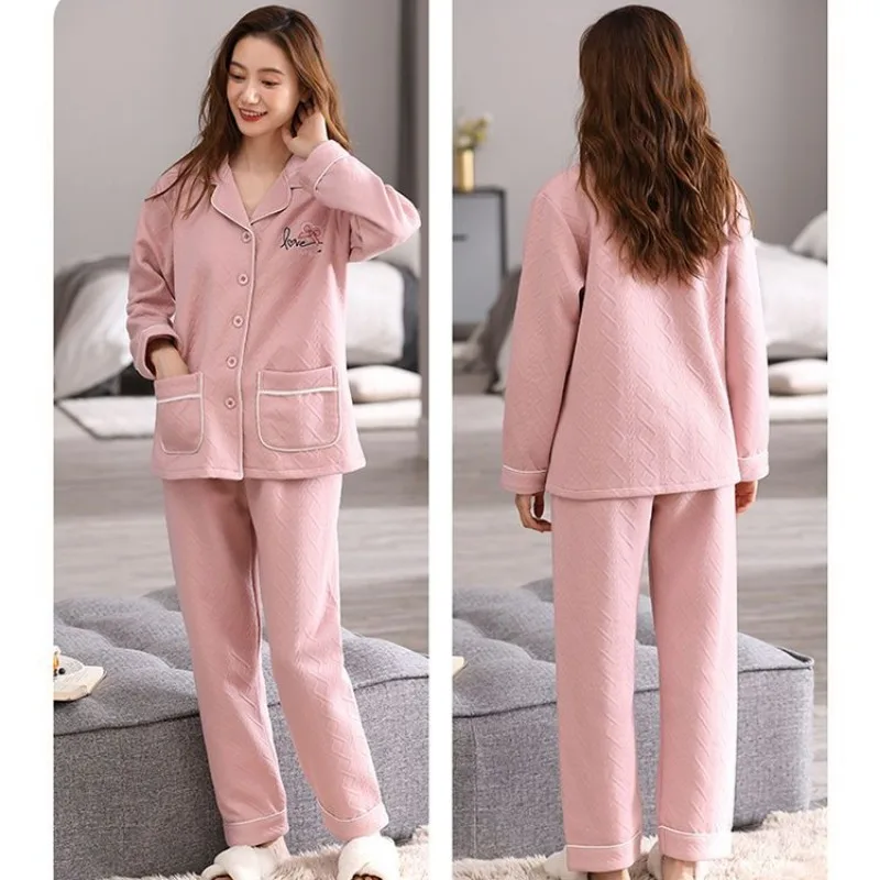 2023 New Autumn Winter Women's Pajamas Three Layers Pure Cotton Thickened Warm Air Cotton Interlayer Thin Cotton Set Homewear