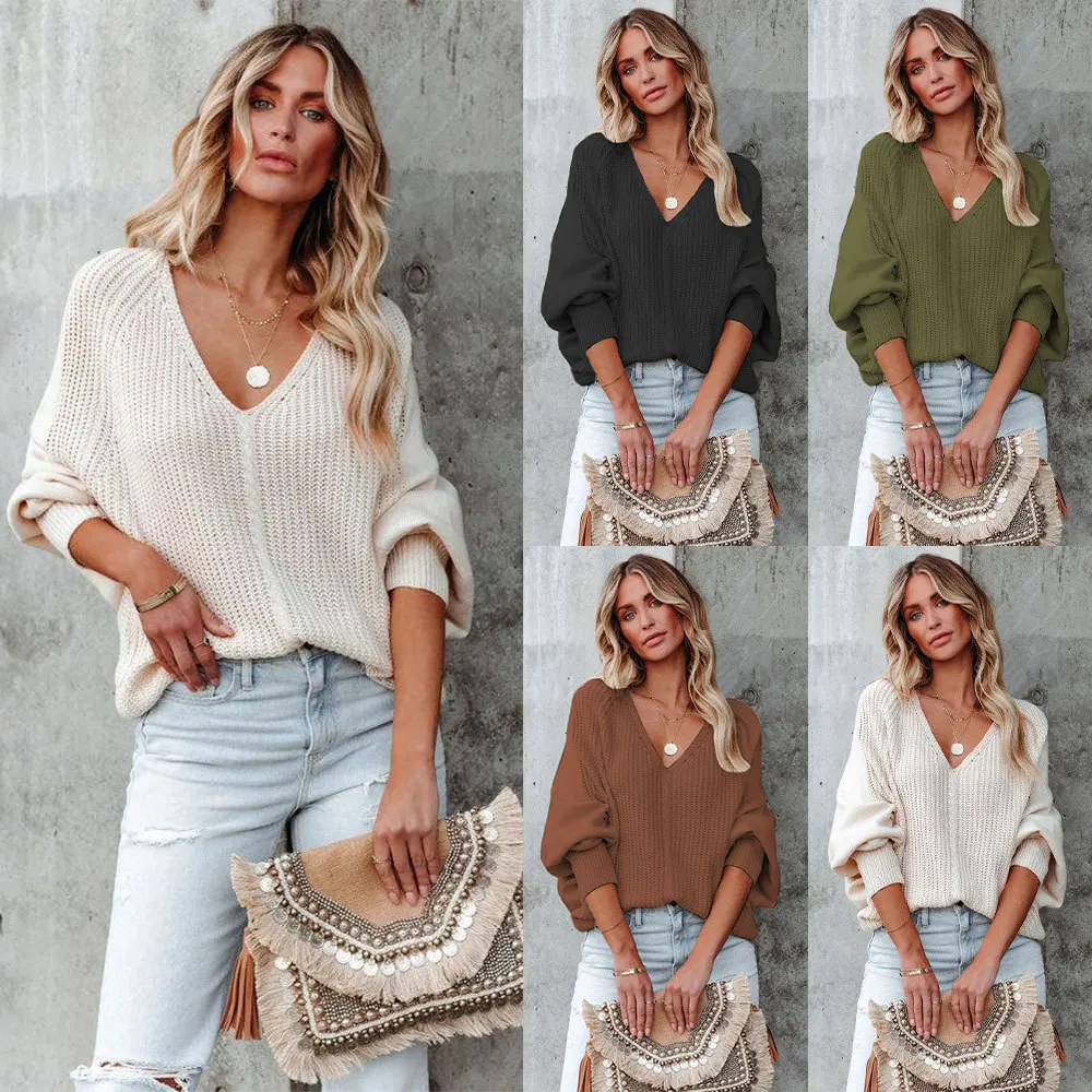 

2024 Autumn/Winter Fashion Button Rope Bat Sleeves Knitwear Loose Pullover Off Shoulder Sweater for Women