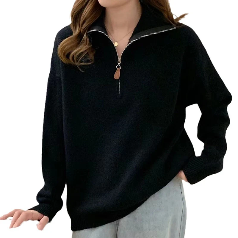 Korean Half Zip-Up Sweater Women Retro Loose Sporty Knitted Pullover ladies Autumn Winter thicken warm Long Sleeve knit Jumpers 4