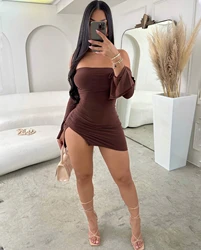 Elegant Women's Black Strapless Off-Shoulder Bodycon Mini Dress with Long Sleeves - XS (Brown)