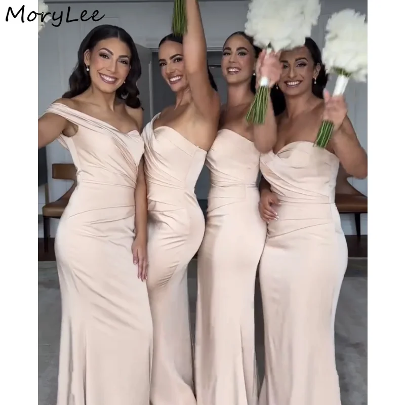 

Pink Bridesmaid Dresses One Shoulder Long Silk Satin Pleated Mermaid Bridesmaid Dresses With Lace Up Back Wedding Party Gowns