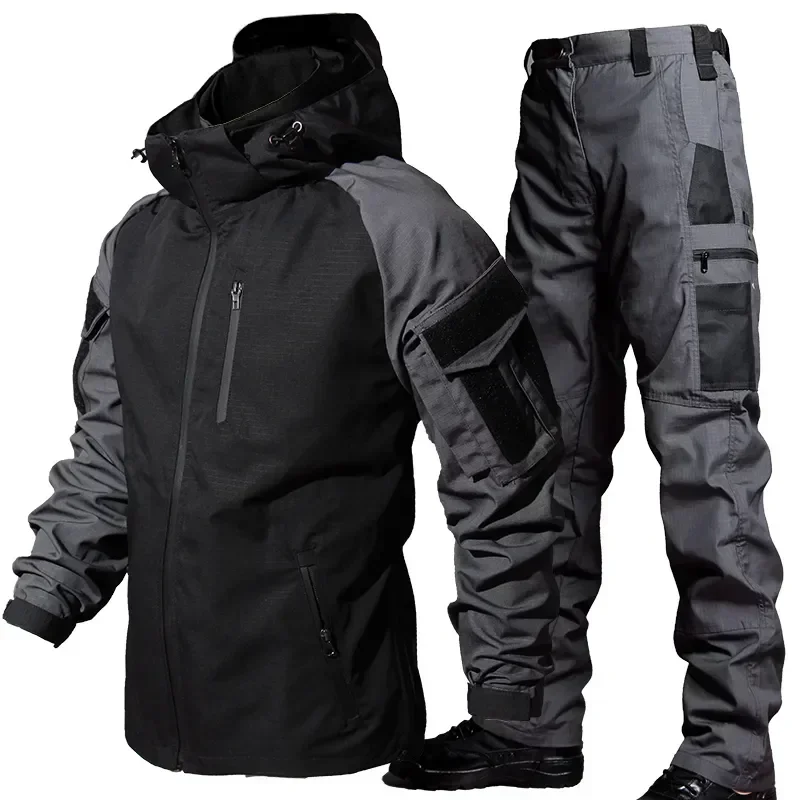 Tactical Waterproof Jacket Sets Men Hiking Training Suit Outdoor Soft Shell Work Wear Hooded Jackets Pants 2 Pcs Set