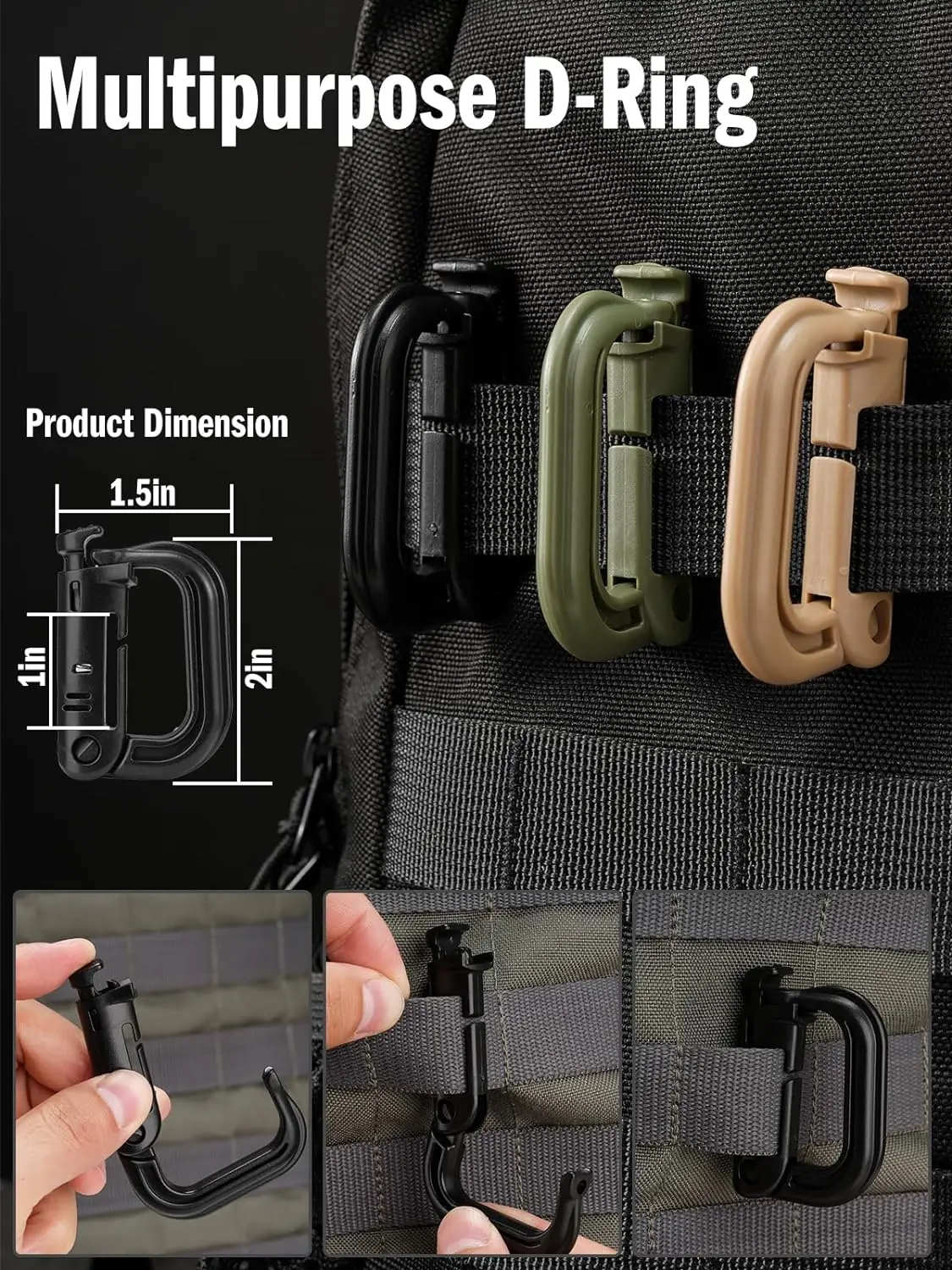 Carabiner Clips Tactical D-Ring Grimlock MOLLE Webbing Attachment Fast Latch System For Military Vest/Backpacks/Pouch/Bag/Belt