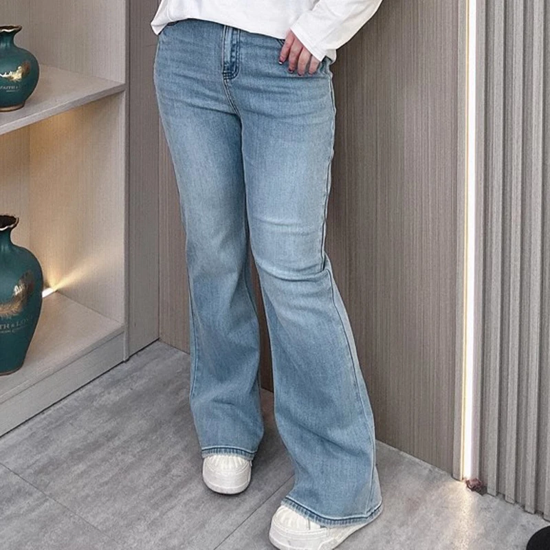 Light Blue Wash Flared Jeans For Women Plus Size 2025 New Arrival High-Waisted Slim Retro Stretch Bell-Bottom Floor-Length Pants
