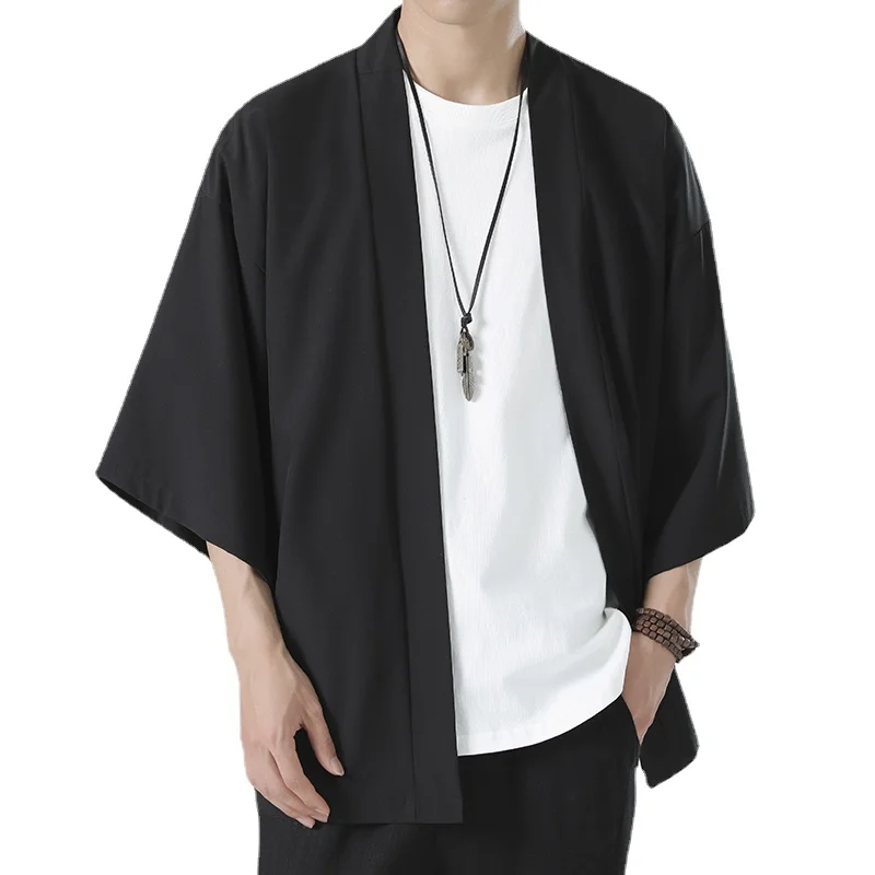 Summer New Men's Lightweight Kimonos Traditional Japanese Clothing Male Open Front Cardigan Cloak Haori Yukata Jacket Coat Black