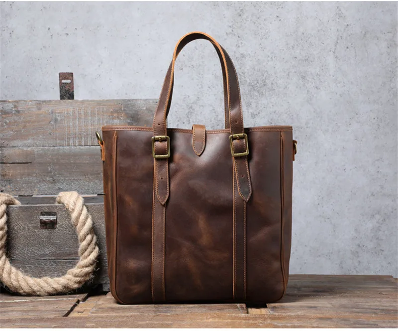 Vintage große Kapazität Crazy Horse Rindsleder Herren Einkaufstasche natürliche echtes Leder Arbeitshandtasche Shopping Schulter Messenger Bags – Detail 12