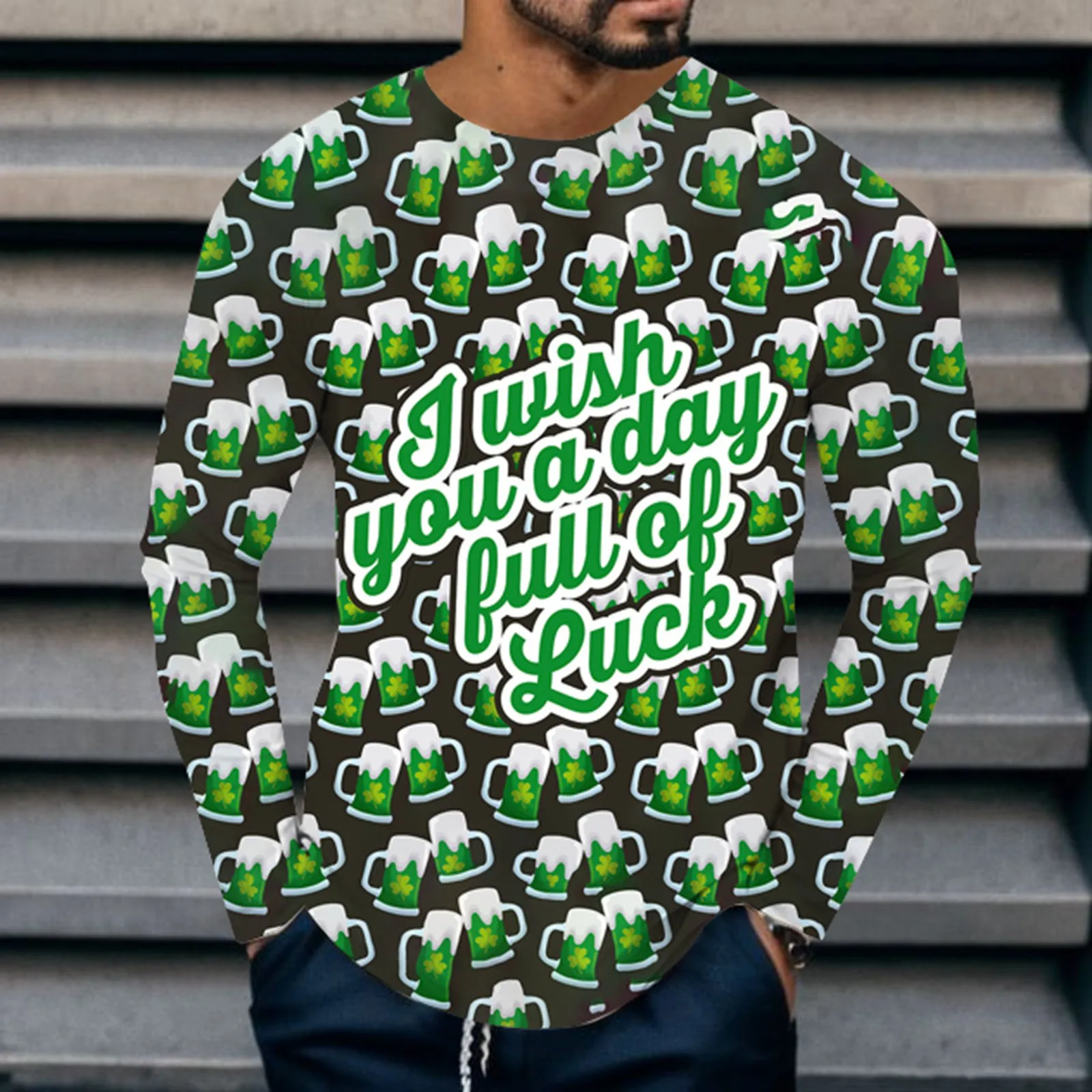 

Men's St. Patricks's Day Long Sleeve T Shirt Round Neck Letter Print Pullover male t-shirts Pullover