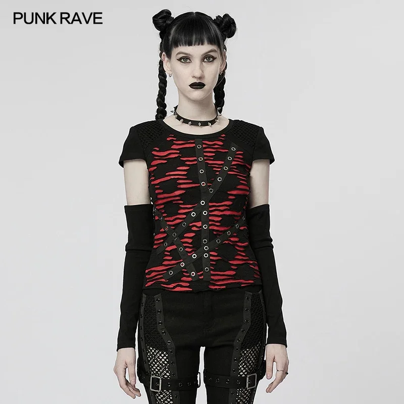 

PUNK RAVE Women's Punk Seperated Sleeves T-shirt Daily Cross Decorative Eyelets Handsome Casual Tops Tees Spring/Summer