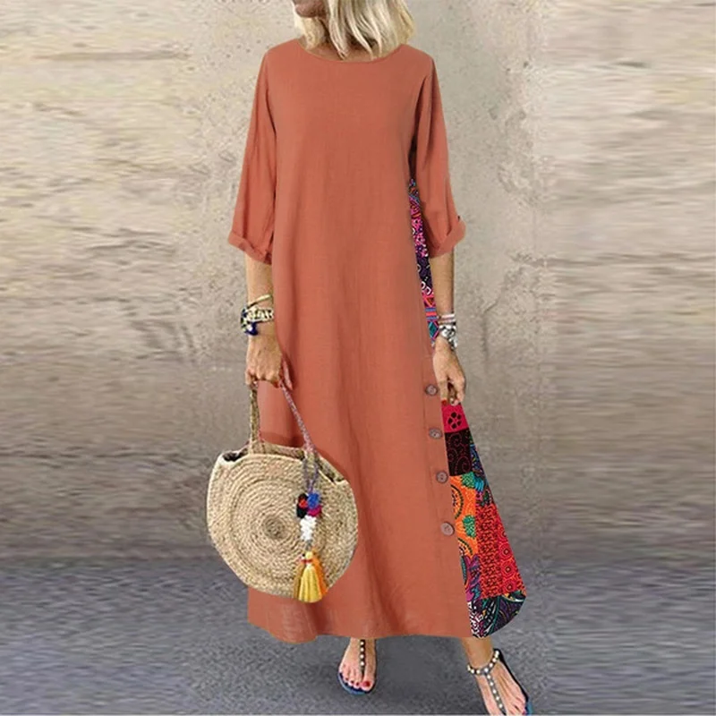 Women Vintage Maxi Dress Summer Solid O Neck Stitching Printed 3/4 Sleeve Side Buttons Dresses Loose Casual Long Dress Plus Size