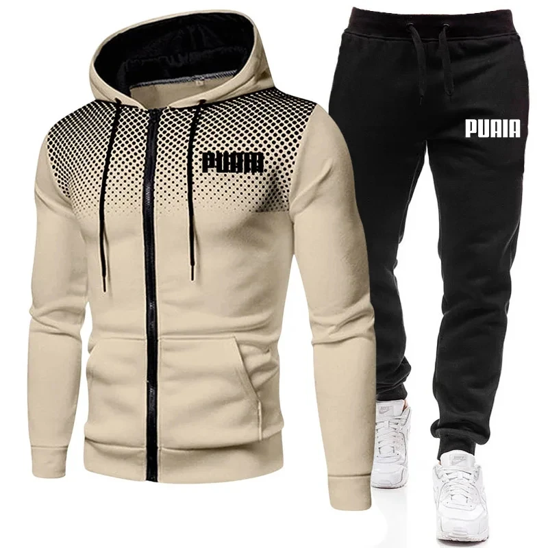 Winter men's sportswear + sweatpants two-piece printed zipper hooded sweatshirt casual fitness jogging pants suit