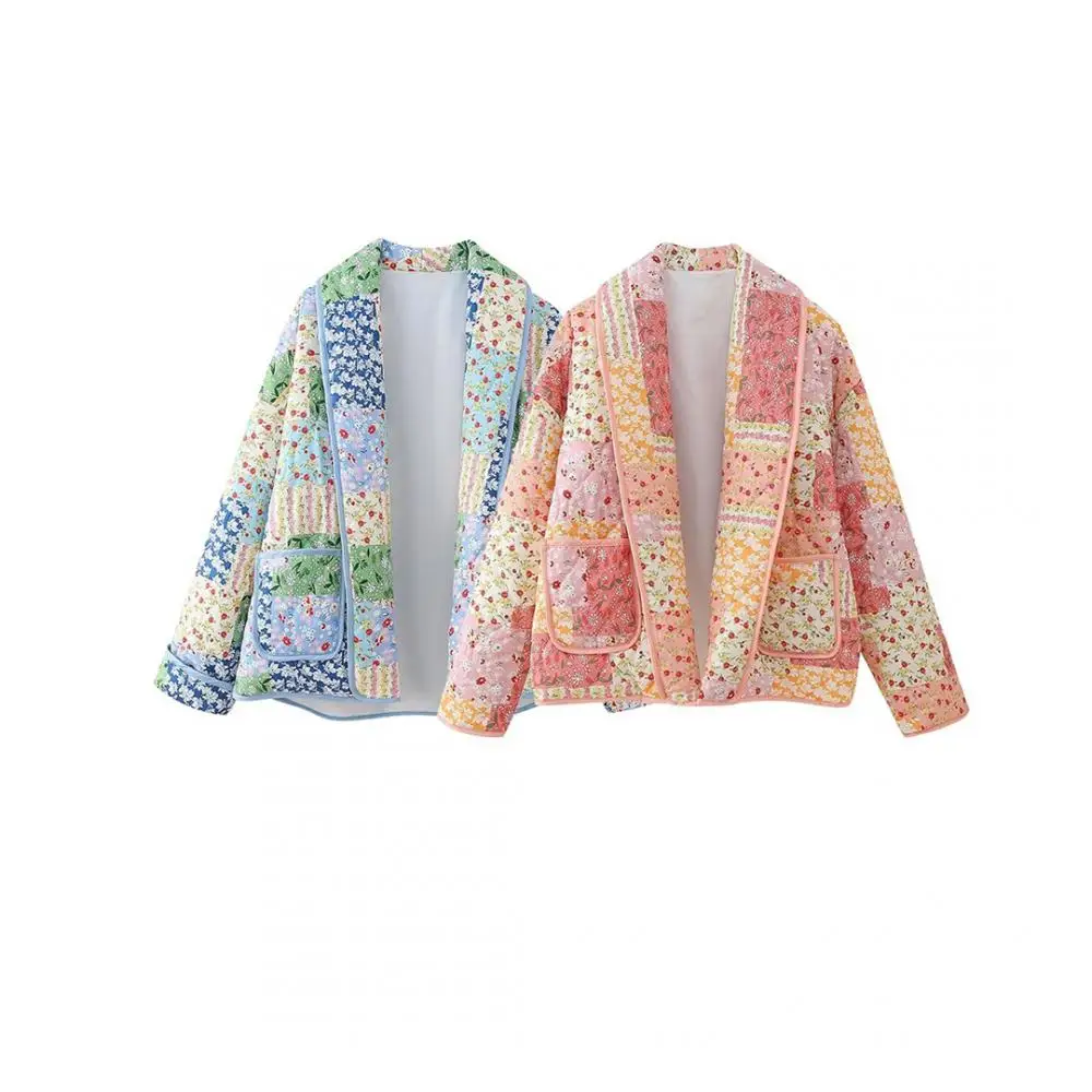 

Woman Double-Pocketed Floral Printed Jacket with Shawl Collar and Quilted Lining Coat 2024 Spring New Lady Elegent Clothing