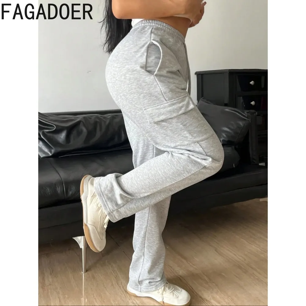 FAGADOER Autumn Casual Solid Color Pocket Jogger Pants Women High Waisted Drawstring Sweatpants Female Sporty Trousers Bottoms