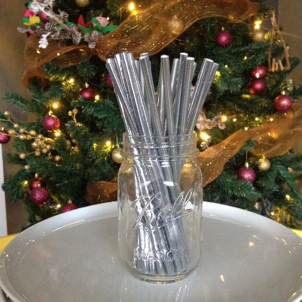 100 Pcs Biodegradable Silver Paper Straws Bulk, Metallic Foil Striped/Wave/Dots Straws for Birthday, Wedding, Party Supplies
