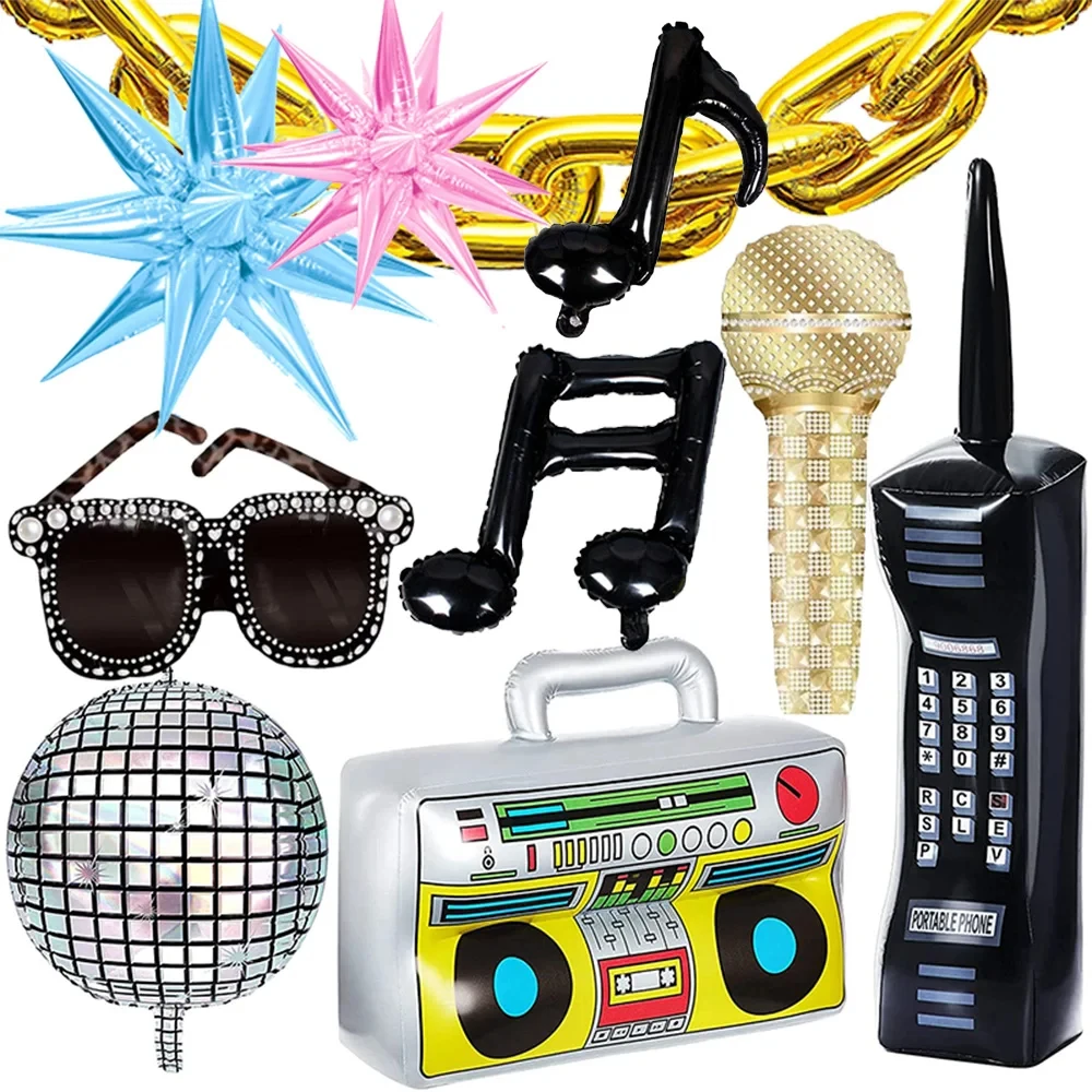 Vintage Party Decoration Set: Retro Microphone, Roller Skate, Gold Chain, and Mobile Phone Balloons