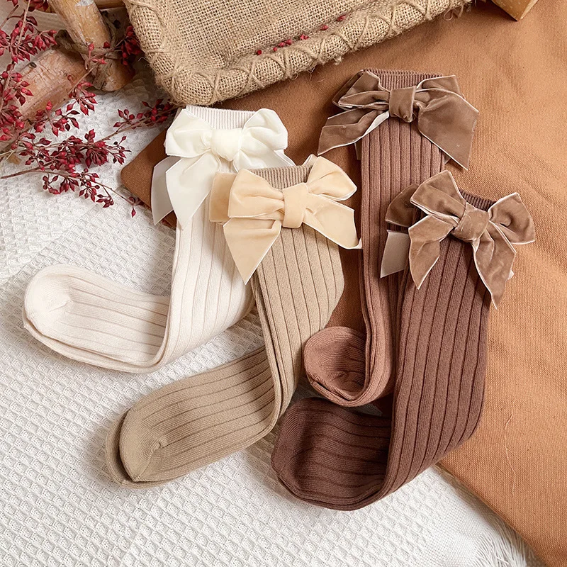 ToddlerGirlKneeHighSocksCuteRibbedKnitStockingswithVelvetBow