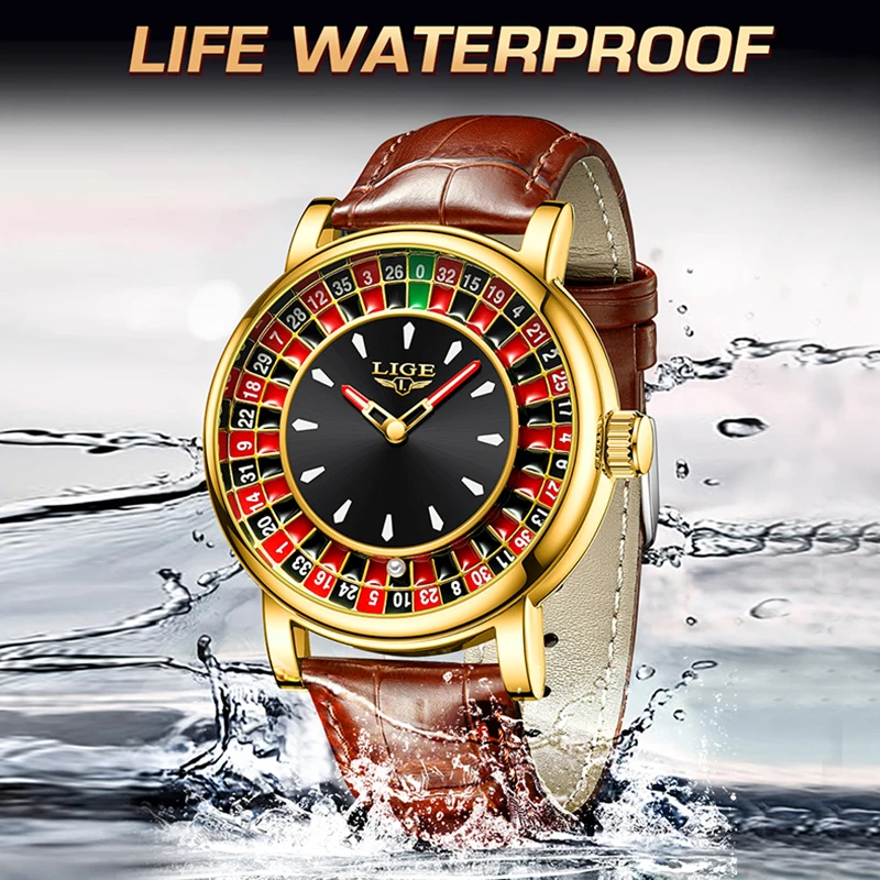 LIGE New Fashion Brown Leather Watch For Men Top Brand Luxury Waterproof Arabic Numeral Rotating Game Dial Quartz Men's Watches