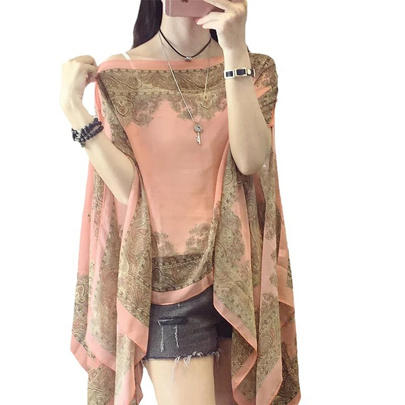 Women Summer Sunscreen Chiffon Shawl Scarf Fashion Luxury Floral Printed Bikini Cover Up Outdoor Beach UV Protection Tops