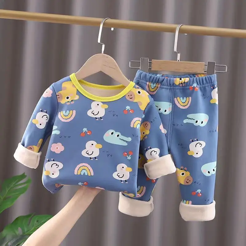 

Autumn and winter children's cashmere thick pajamas set Autumn and winter homewear underwear for boys and girls warm autumn and