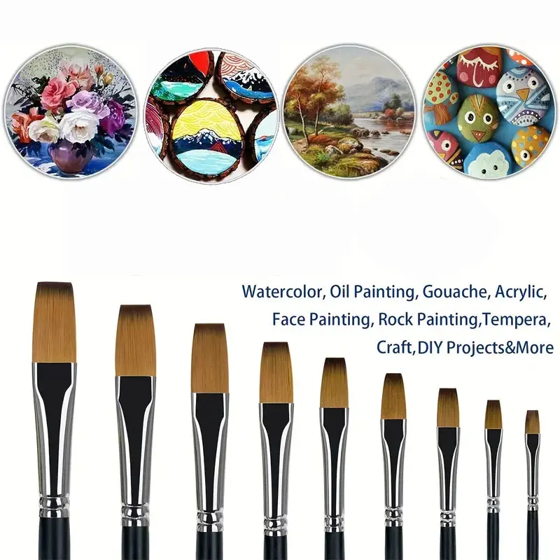9pcs Flat Acrylic Paint Brushes, Synthetic Japanese Artist Bright Paint Brushes, For Acrylic Painting, Oil, Watercolor, Gouache 3