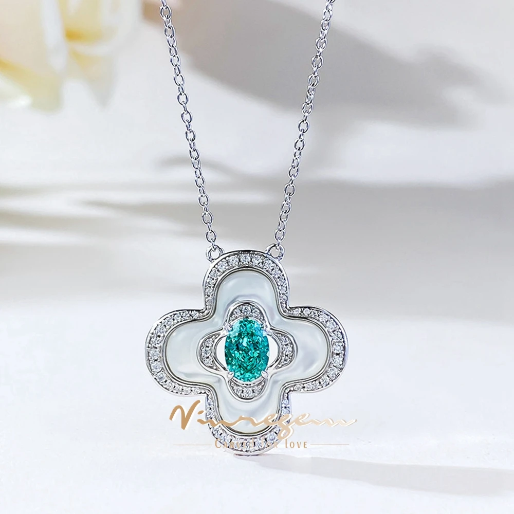 

Vinregem 5*7 MM Oval Paraiba Tourmaline Gemstone Elegant Four-leaf Clover Pendant Necklaces 925 Sterling Silver Fine Jewelry