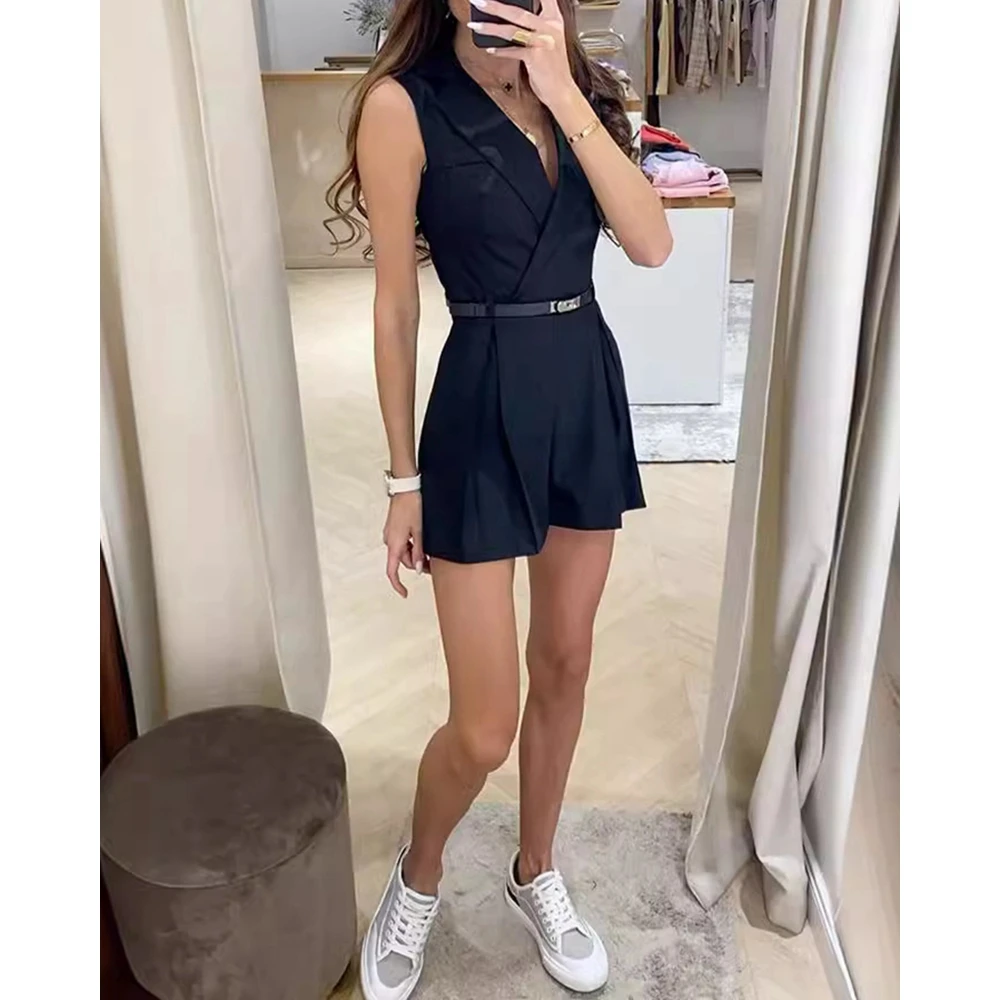 Summer Women Solid Color Ruched Blazer Romper Fashion Nothched Collar Sleeveless Playsuit for Femme Elegant Work Wear Outfits